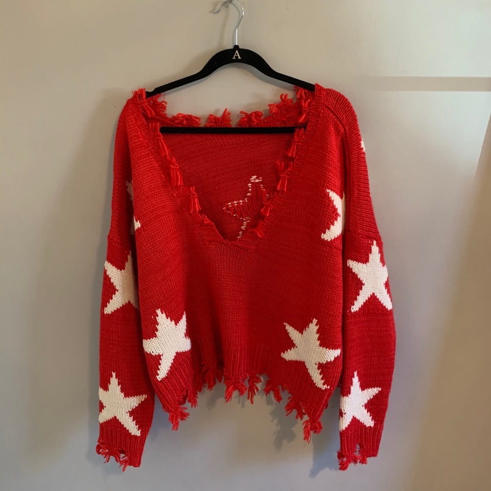 Red Fringed Star Sweater